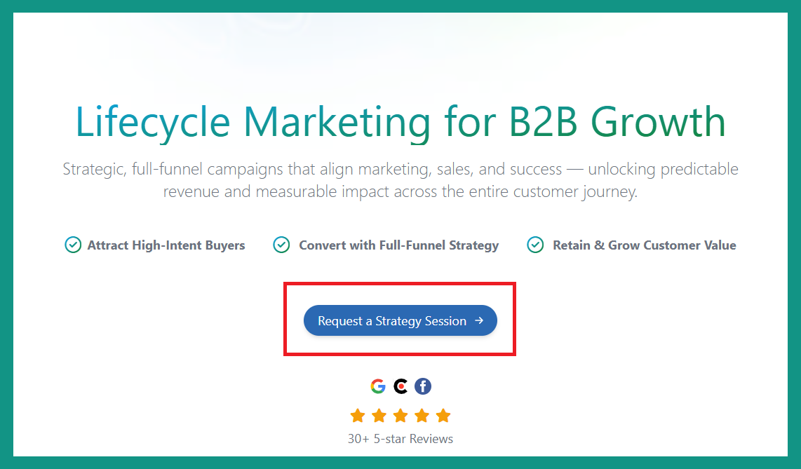 Boderia Lifecycle Marketing landing page, emphasising clear CTA or call-to-action