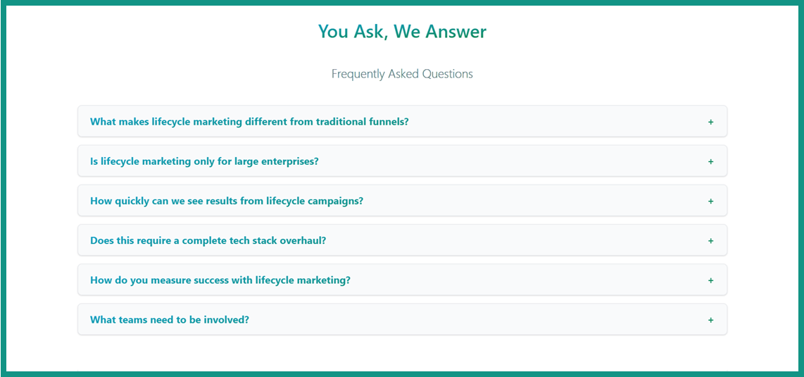 Boderia Lifecycle Marketing landing page, emphasising FAQ section as objection handlers