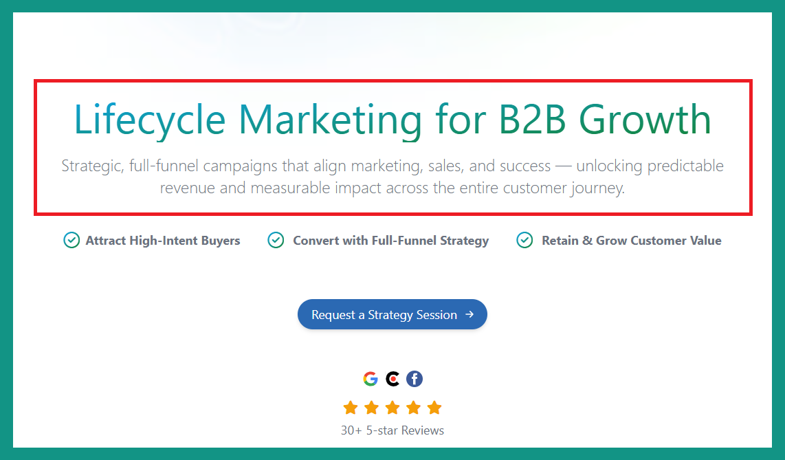 Boderia Lifecycle Marketing landing page, emphasising headling and subheadline